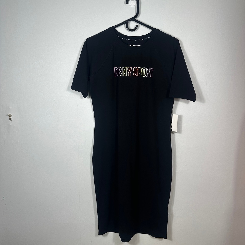 DKNY Sport T-Shirt Dress Womens Large Black New Rainbow Logo Raglan Midi